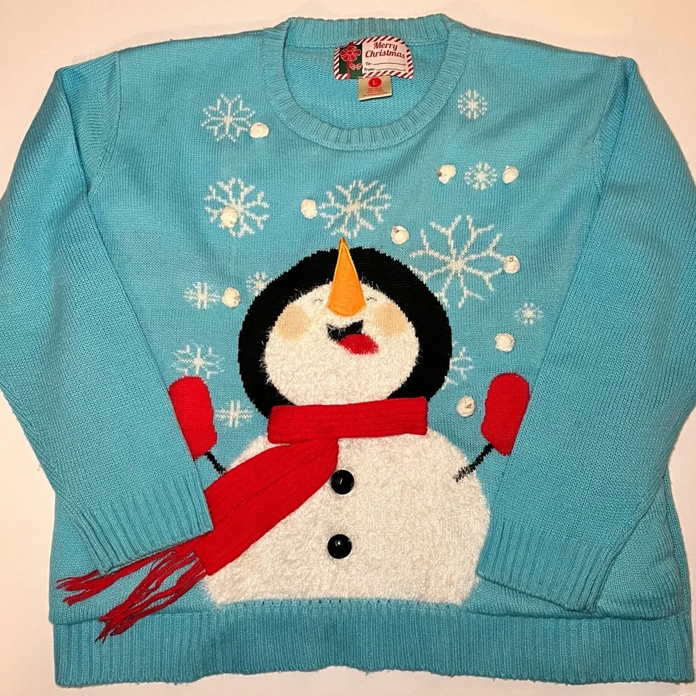 Blue Snowman Christmas Sweater Womens sz Large - Picture 2 of 7